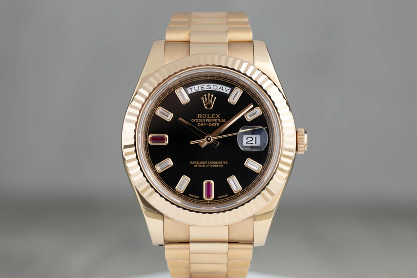 Rolex218235Day-DateII41mmRoseGoldBlackRubyDiamondDial2015-1